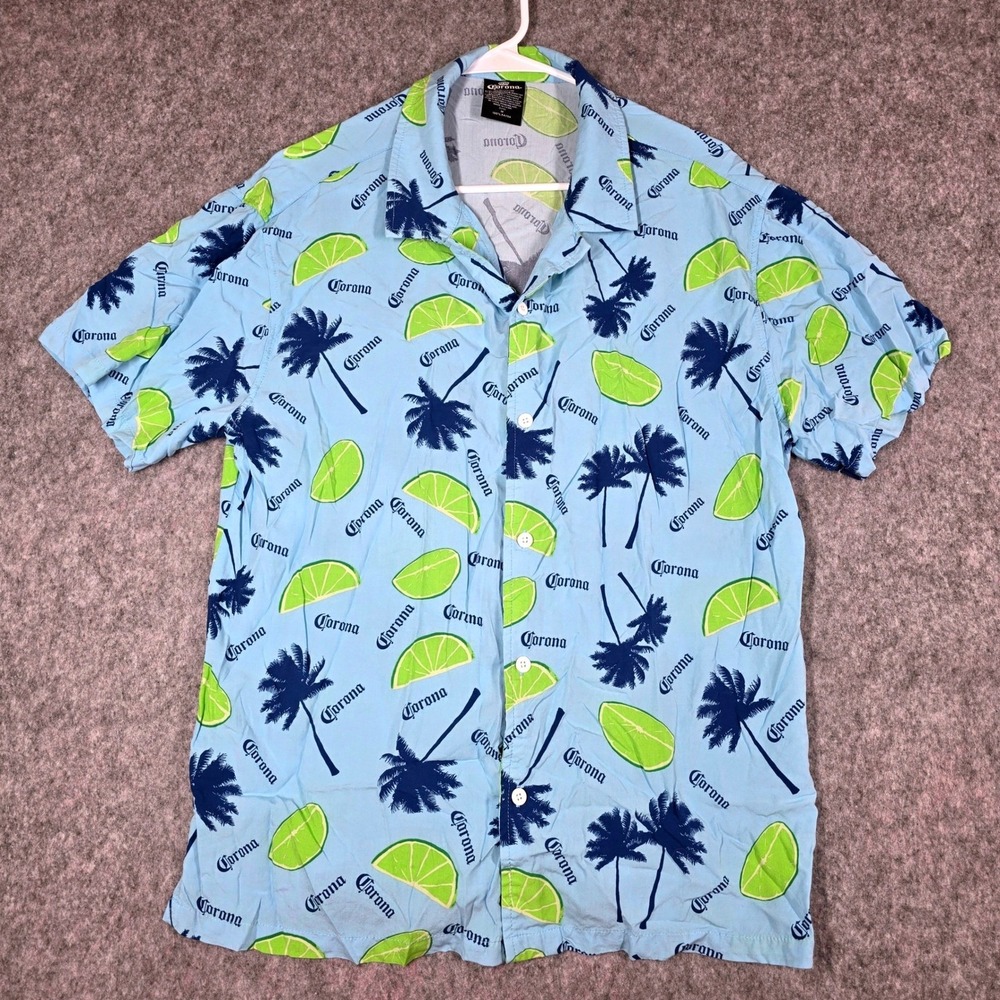 Mens Corona Beer Shirt‎ Hawaiian Button Camp Lime Blue Tropical Palm Tree Medium